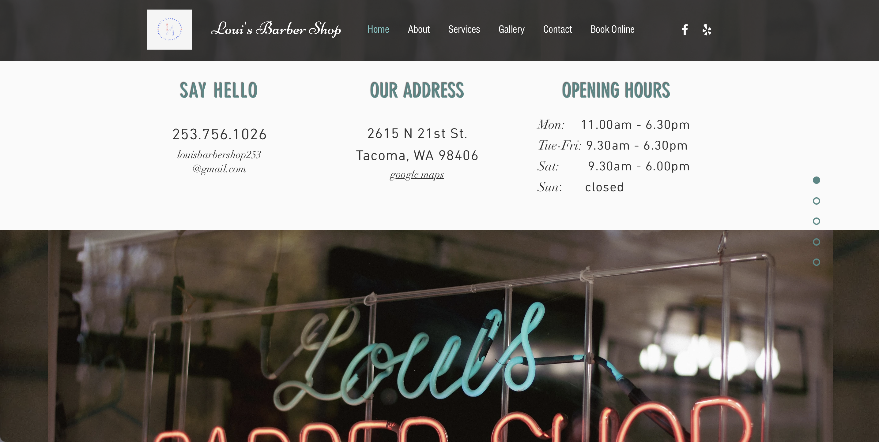The main page of the Loui's Barber Shop website.