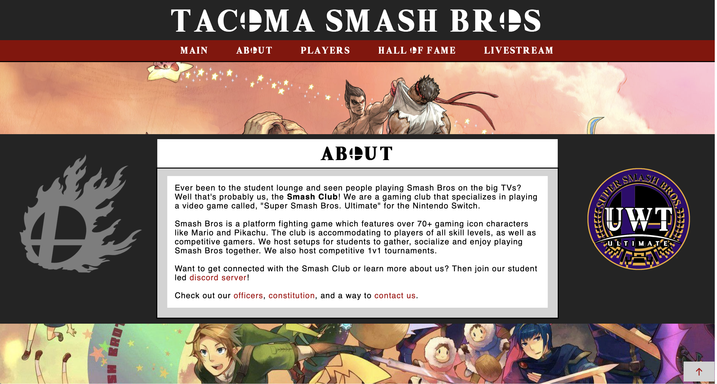 The main page of the UWT Smash Bros RSO website.