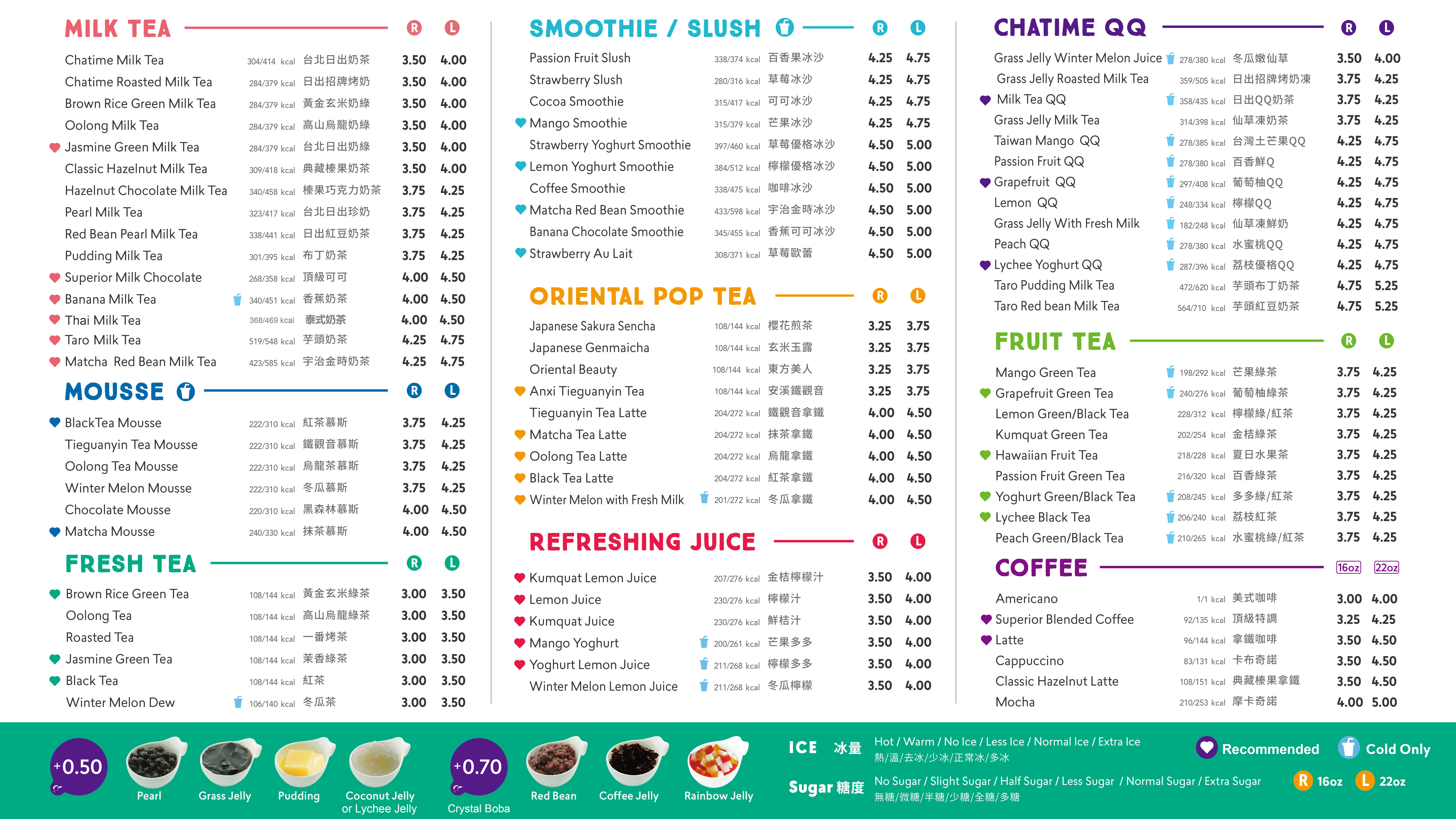 The original menu of a Chatime.